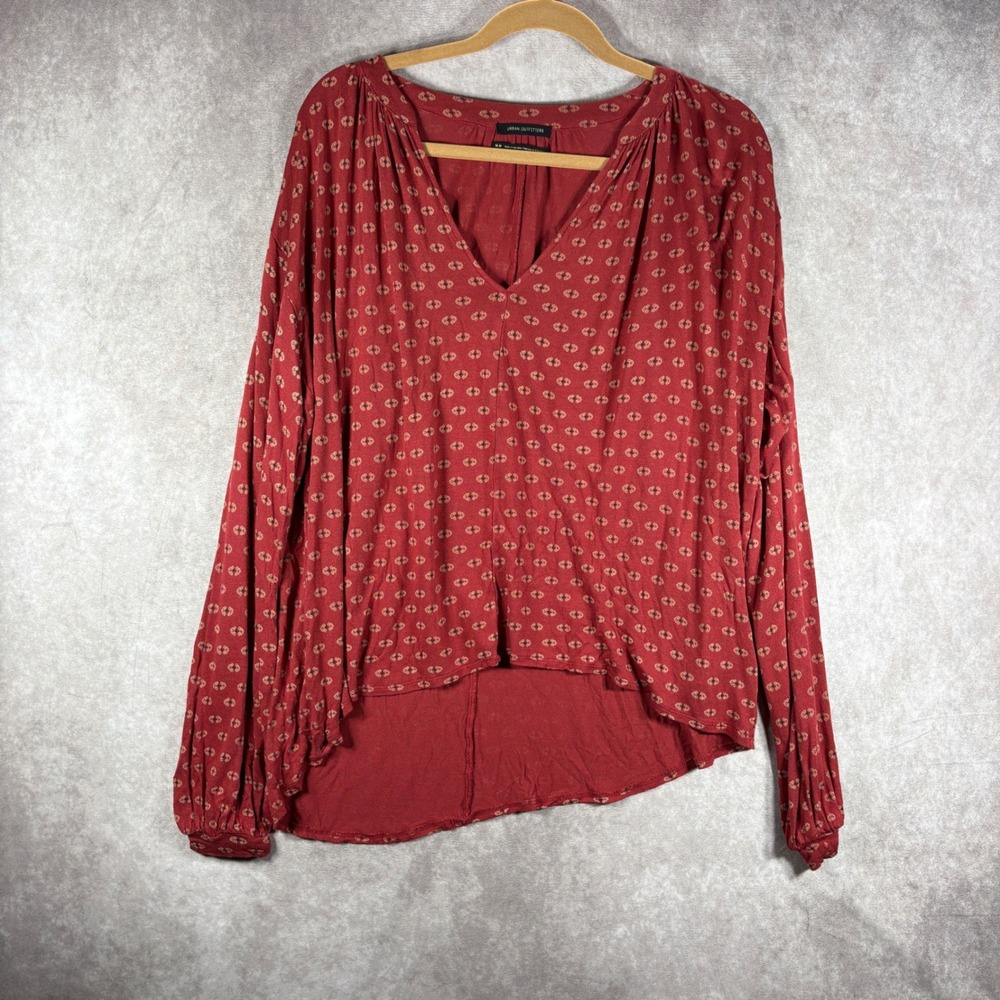 Urban Outfitters Top‎ Womens Medium Red Geometric Boho V-Neck High Low Peasant